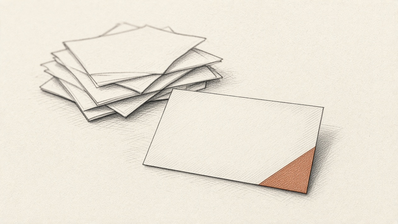 A single blank card in front of a desk, with a pile of unopened papers behind it.