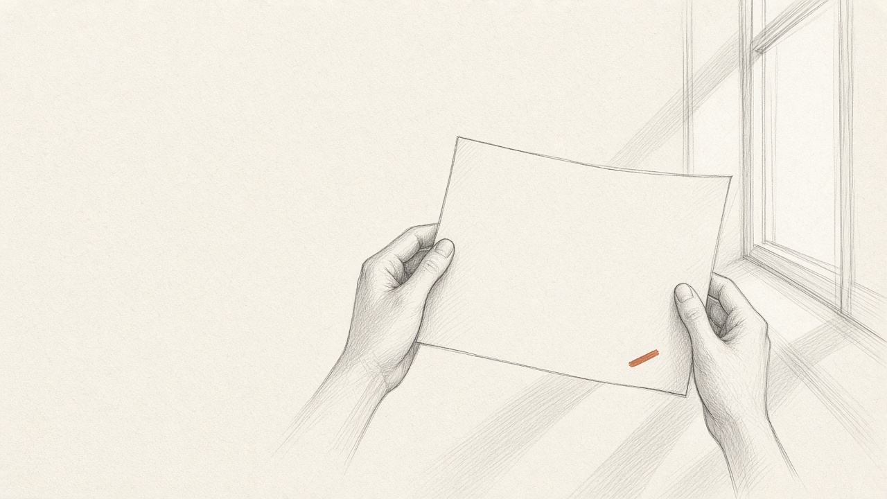 Two hands holding a page up to the light, with a copper mark waiting in the margin.