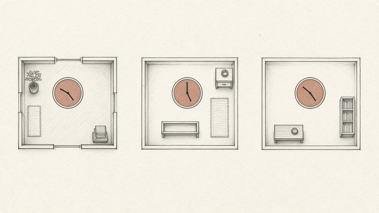 Three separate rooms seen from above, each with its own clock, none of them sharing a doorway.