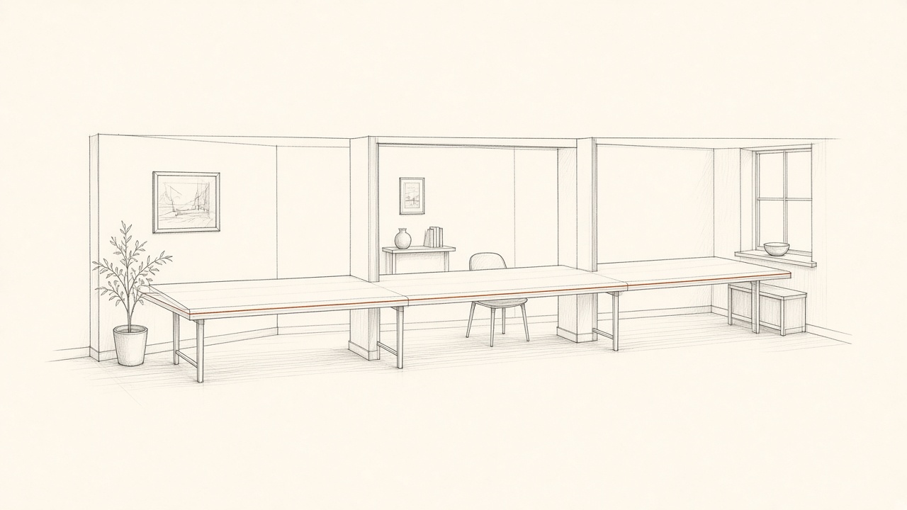 One long table passing through three rooms, with a single continuous sheet of paper on it.
