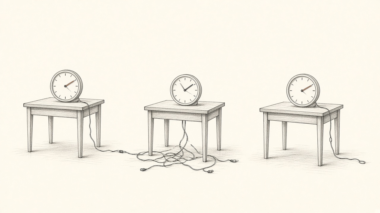 Three small desks in one room, each with a clock set to a different time, and cables that do not meet.