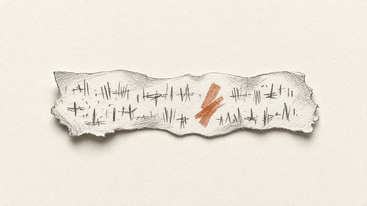 One narrow strip of paper centered on a large empty desk, with a single copper mark.