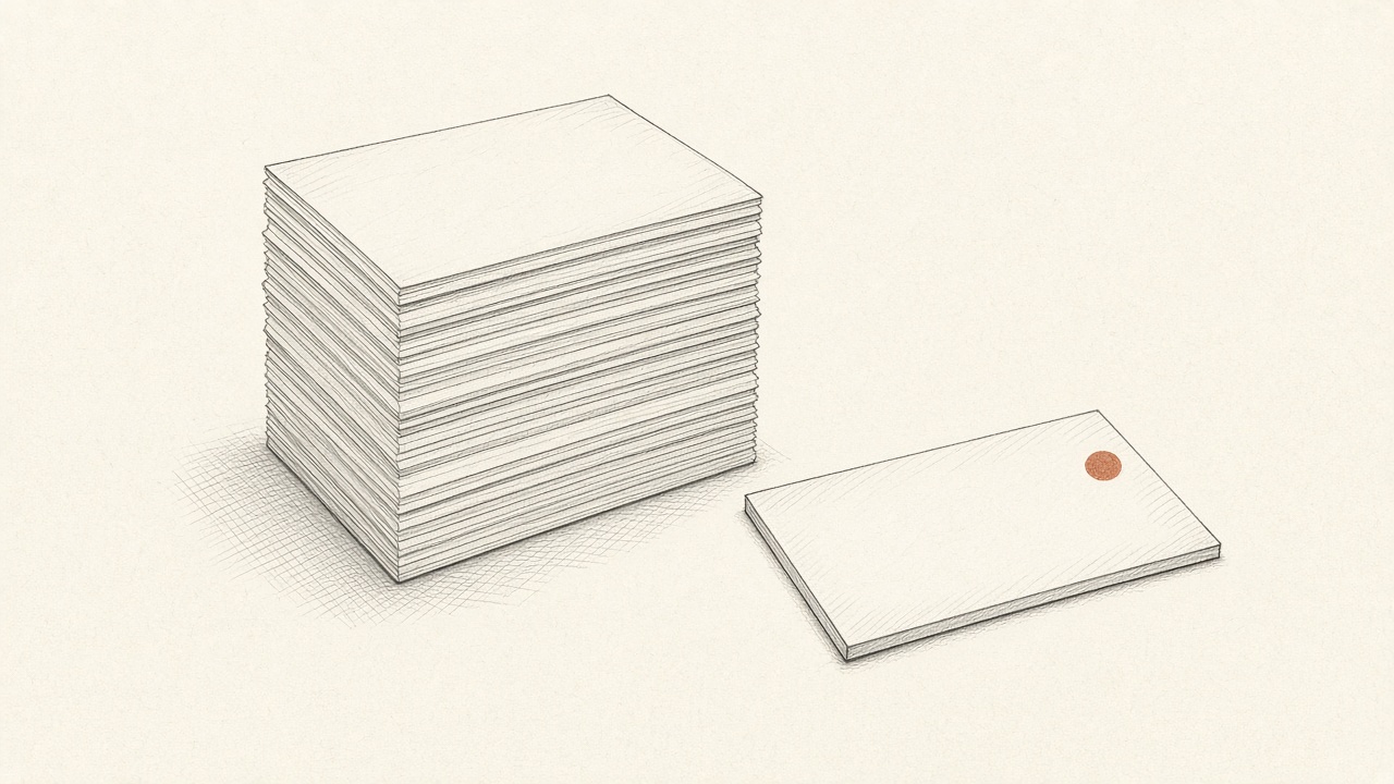 A tall stack of identical blank cards, with one card pulled out and set aside.