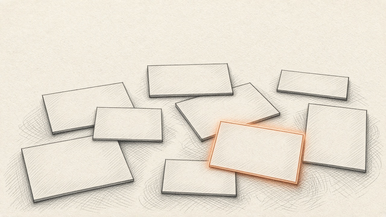 A desk of blank cards, one of them marked in copper while the rest stay graphite.