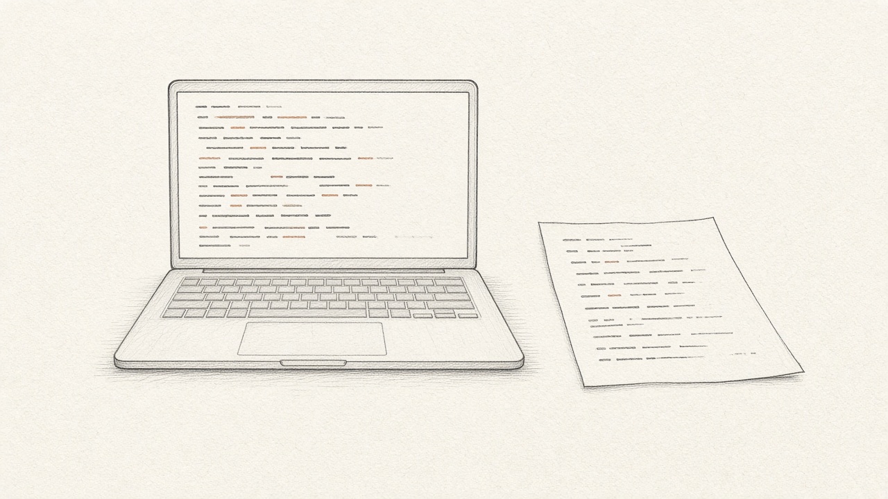 A laptop with abstract code lines beside a separate sheet of paper that does not match it.
