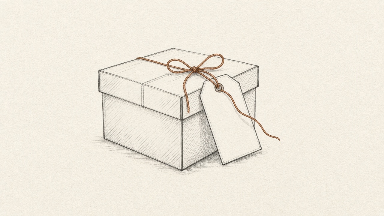 A plain box with a blank shipping tag tied on by a copper string.